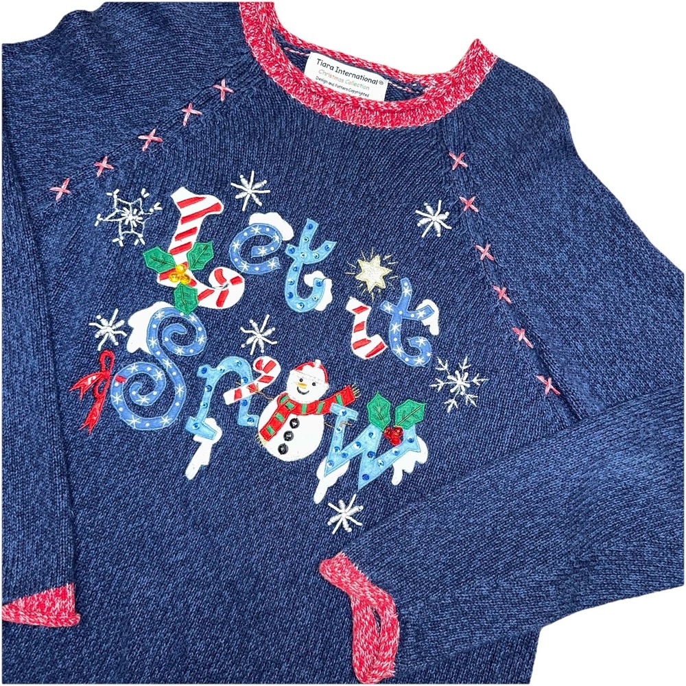 Vintage 90's Tiara International Blue Let It Snow Knit Christmas Sweater Women S
